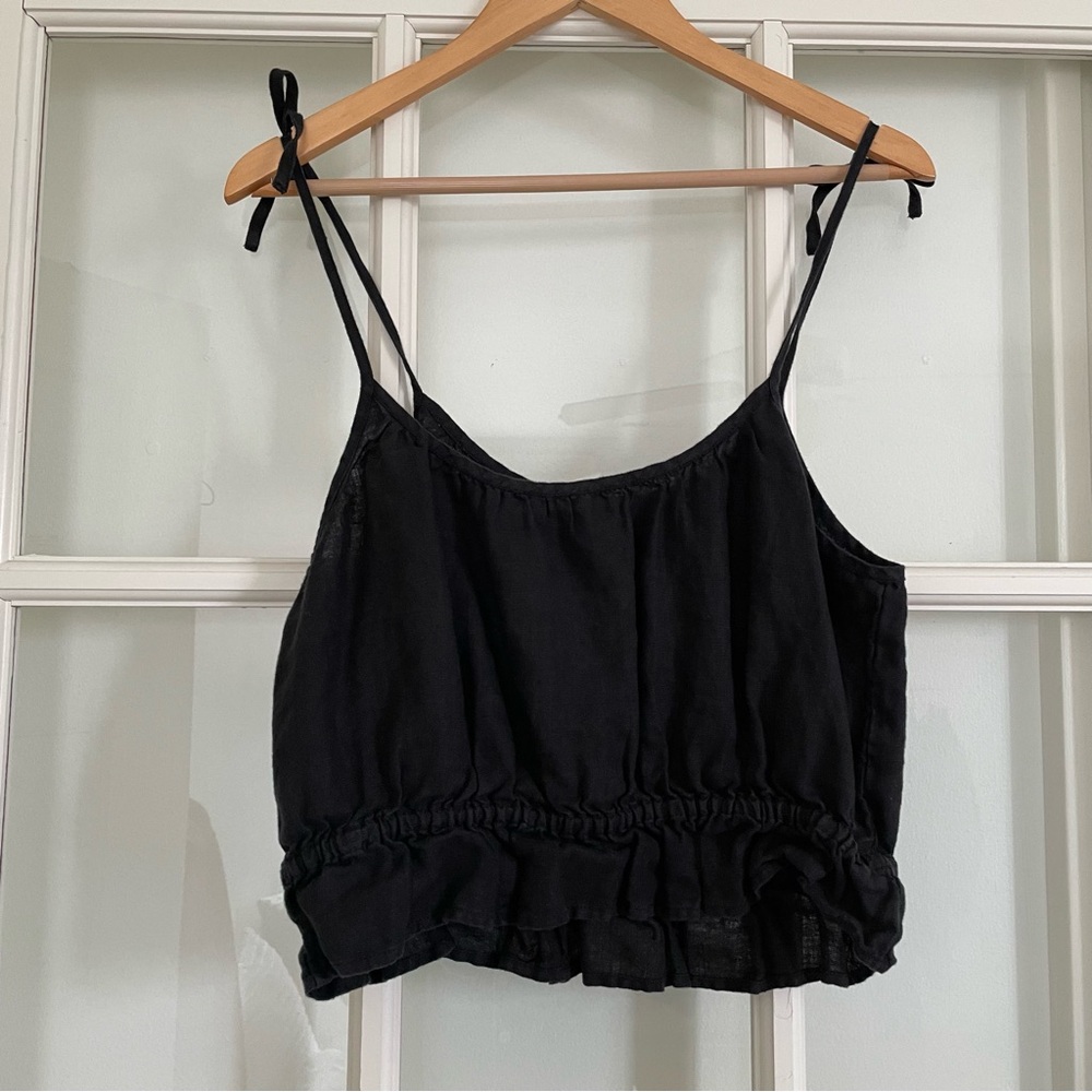 J Crew Ruffle-Waist Tank Top 100% Linen Black medium M - Picture 3 of 6